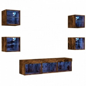 7 darab füstös tölgy színű szerelt fa TV-bútor LED-del