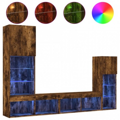 4 darab füstös tölgy színű szerelt fa TV-bútor LED-del