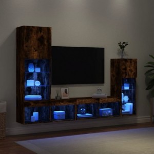 4 darab füstös tölgy színű szerelt fa TV-bútor LED-del