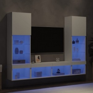 5 darab fehér szerelt fa fali TV-bútor LED-del