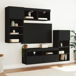 5 darab fekete szerelt fa fali TV-bútor LED-del