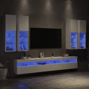 7 darabos fehér falra szerelhető TV-szekrényszett LED-ekkel