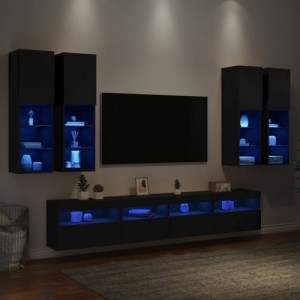 7 darabos fekete falra szerelhető TV-szekrényszett LED-ekkel