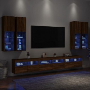 7 db barna tölgy színű falra szerelhető TV-szekrény LED-ekkel