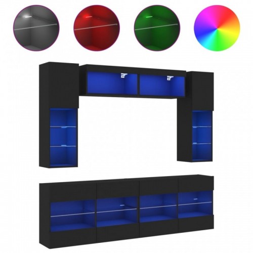 6 darabos fekete falra szerelhető TV-szekrényszett LED-ekkel
