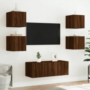 6 darab barna tölgyszínű szerelt fa TV-bútor LED-del