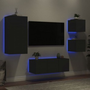 5 darab fekete szerelt fa fali TV-bútor LED-del