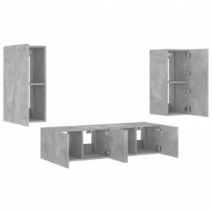4 darab betonszürke szerelt fa fali TV-bútor LED-del