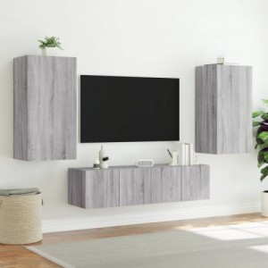 4 darab szürke sonoma színű szerelt fa fali TV-bútor LED-del