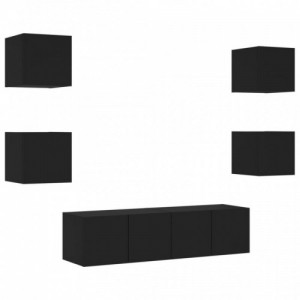 6 darab fekete szerelt fa fali TV-bútor LED-del