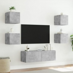 5 darab betonszürke falra szerelhető TV-szekrény LED-del