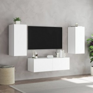3 darab fehér falra szerelhető TV-szekrény LED-del