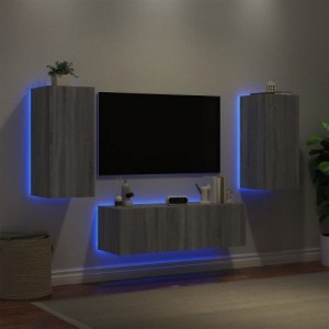 3darab szürke sonoma színű falra szerelhető TV-szekrény LED-del