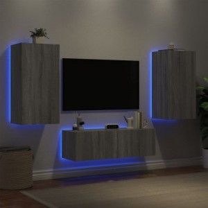 3darab szürke sonoma színű falra szerelhető TV-szekrény LED-del