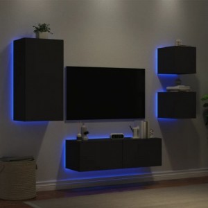 4 darab fekete falra szerelhető TV-szekrény LED-del