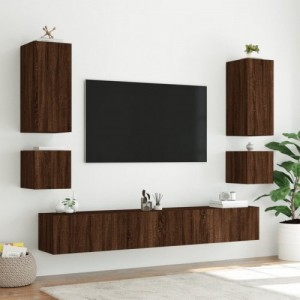 6 darab barna tölgyszínű falra szerelhető TV-szekrény LED-del
