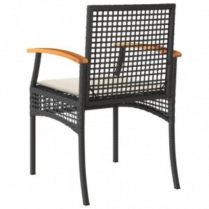 4 db fekete polyrattan és akácfa kerti szék párnákkal