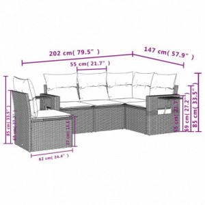 5 részes fekete polyrattan kerti kanapészett párnákkal