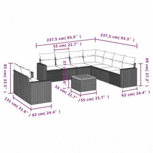 10 részes fekete polyrattan kerti ülőgarnitúra párnákkal