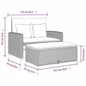 2 személyes fekete polyrattan|akácfa kerti kanapé párnával