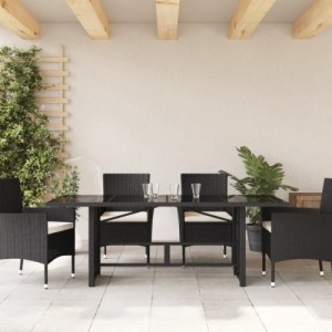 Fekete polyrattan üveglapos kerti asztal 190x80x74 cm