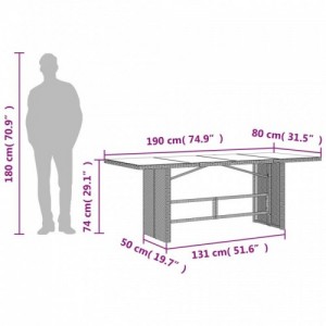 Fekete polyrattan üveglapos kerti asztal 190x80x74 cm