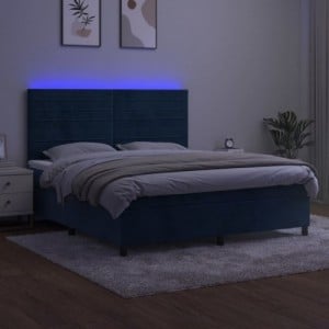 Sötétkék bársony rugós és LED-es ágy matraccal 180x200 cm