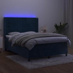 Sötétkék bársony rugós és LED-es ágy matraccal 140x190 cm