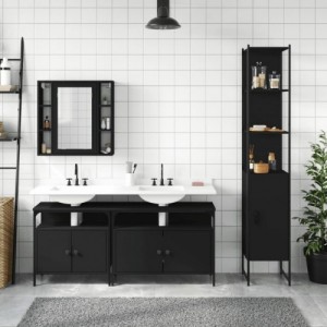 4 részes fekete szerelt fa fürdőszobai szekrényszett
