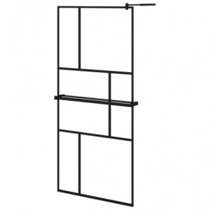 Fekete ESG üveg és alumínium zuhanyfal polccal 90 x 195 cm