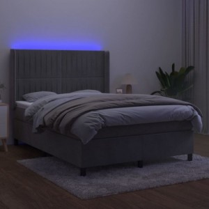 Világosszürke bársony rugós és LED-es ágy matraccal 140x190 cm