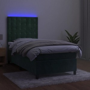 Sötétzöld bársony rugós és LED-es ágy matraccal 90x190 cm