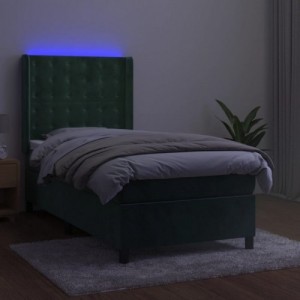 Sötétzöld bársony rugós és LED-es ágy matraccal 90x190 cm