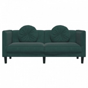 Sötétzöld bársony kétszemélyes kanapé párnákkal