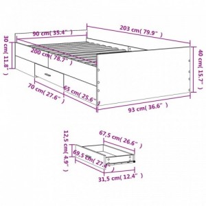 Betonszürke szerelt fa ágykeret fiókokkal 90 x 200 cm