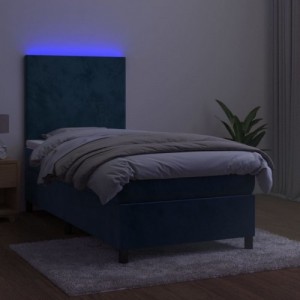 Sötétkék bársony rugós és LED-es ágy matraccal 90x190 cm