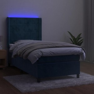 Sötétkék bársony rugós és LED-es ágy matraccal 90x190 cm