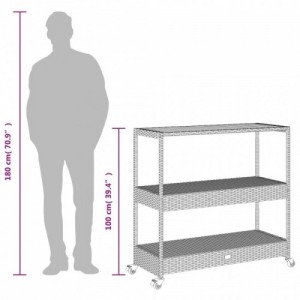 3 szintes fekete polyrattan és tömör akácfa zsúrkocsi