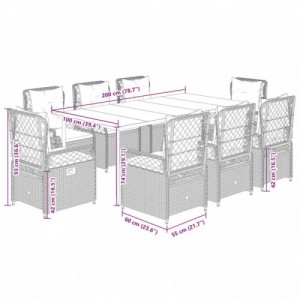 9 részes fekete polyrattan kerti étkezőgarnitúra párnákkal