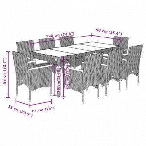 9részes fekete polyrattan|akácfa kerti étkezőgarnitúra párnákkal