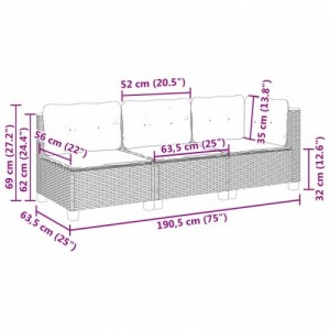 3 személyes szürke polyrattan kerti kanapé párnával