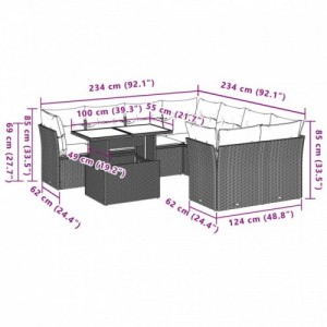 9 részes fekete polyrattan kerti ülőgarnitúra párnákkal