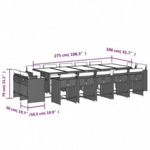 15 részes fekete polyrattan kerti étkezőgarnitúra párnákkal