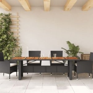 Fekete polyrattan kerti asztal akácfa lappal 240 x 90 x 75 cm