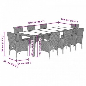 9 részes fekete polyrattan|üveg kerti étkezőgarnitúra párnákkal