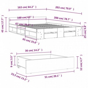 Barna tölgy színű szerelt fa ágykeret fiókokkal 160 x 200 cm