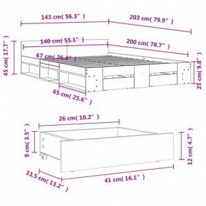 Füstös tölgy színű szerelt fa ágykeret fiókokkal 140x200 cm