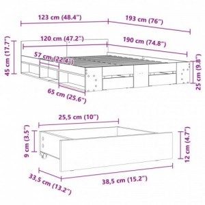 Szürke sonoma színű szerelt fa ágykeret fiókokkal 120 x 190 cm