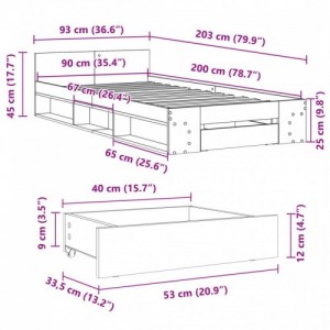 Szürke sonoma színű szerelt fa ágykeret fiókkal 90 x 200 cm