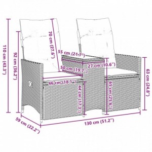 2 személyes barna polyrattan dönthető kerti kanapé asztallal